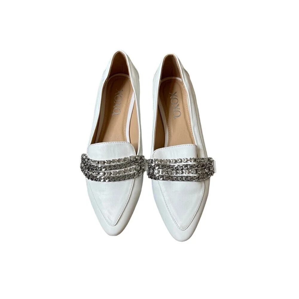 XOXO Vona Chain Loafers White oxford jeweled/rhinestone pointed toe slip on SZ 9